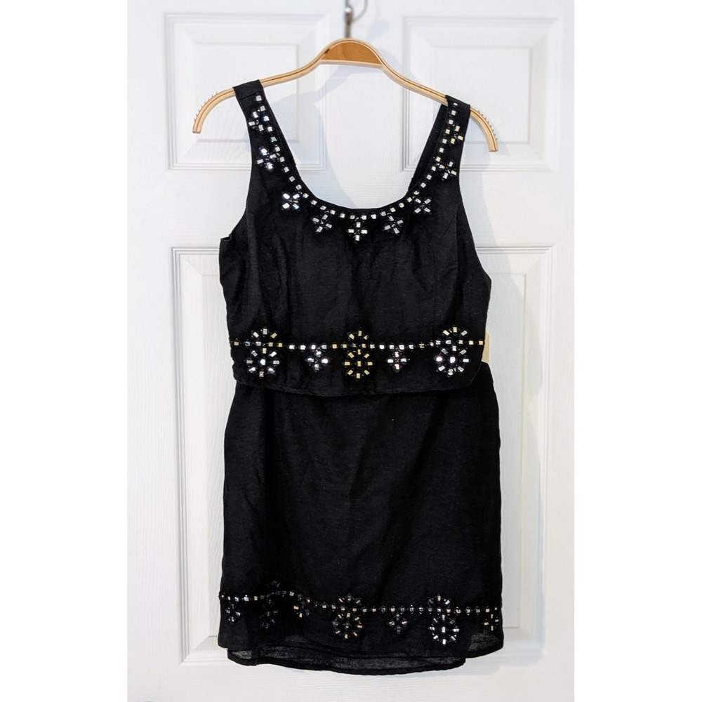 Midnight Sky Linen Blend Crop Top Skirt‎ Set Embellished Sleeveless Black NWT L